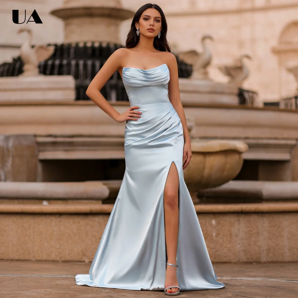 

ULBYANRY Customized Satin Mermaid Strapless Prom Dress, Elegant Sleeveless Draped Evening Dress, Fashionable Slit Party Dress