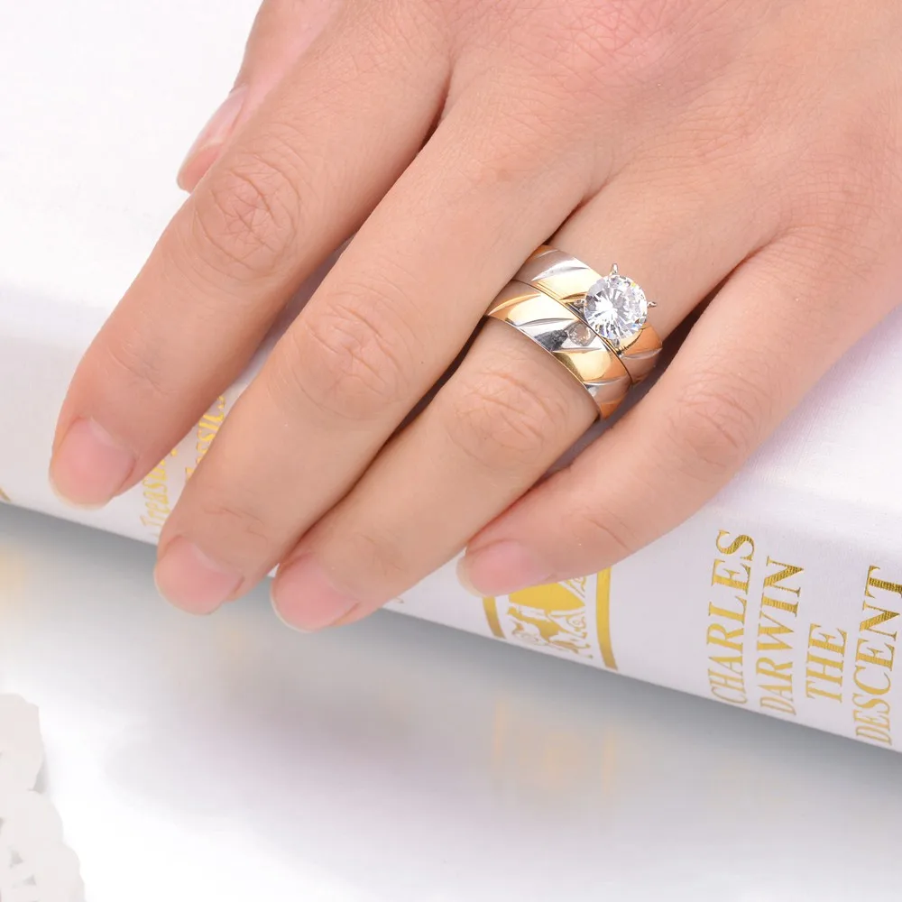 6mm x2 Romantic Wedding Ring For Lover White Zircon Gold-Color Stainless Steel Couple Rings Engagement Party Jewelry Gift