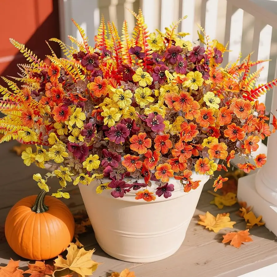 

Artificial Fall Flowers Fake Mums Plants for Outdoors Decoration, 14 Bundles Faux Silk Daisy and Ferns UV Resistant Autumn Fake