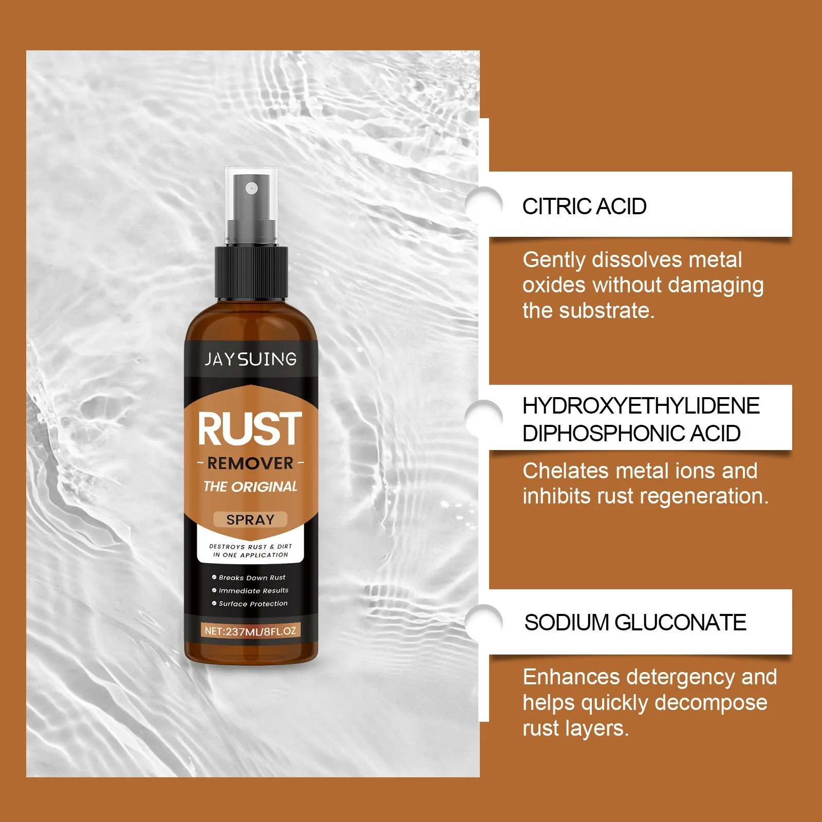 สเปรย์กําจัดสนิมบนพื้นผิวโลหะ ละลายสนิมโดยไม่ทําลายฐาน หลายวัสดุ สากล และซักง่าย