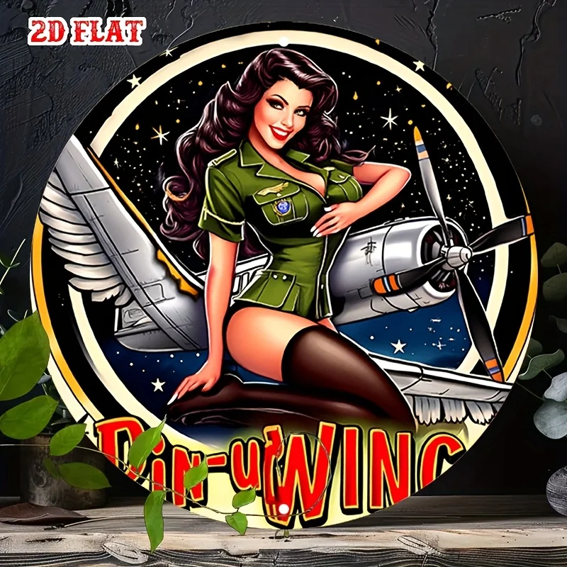 2D Flat 1pc Vintage Metal Sign Pin-up Style Aviation Girl with Vintage WWII Aircraft in a Nostalgic Design Aluminum Round Poster