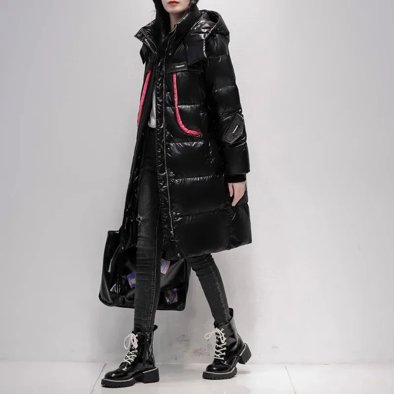 Black Glossy Down Jacket Women's Winter 2025 New Korean version Loose White Duck down Thicken Coat Female Long Parka Overcoat