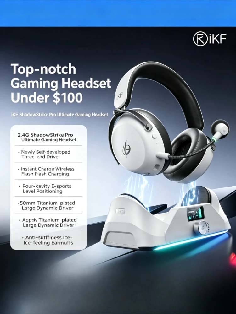 IKF Shadow Stinger Pro Headset Wireless Earphone Over-Ear Dual Channel Noise Reduction Microphone Low Latency Gaming Headphone