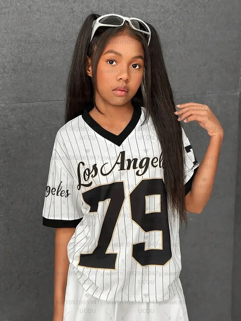 Camiseta deportiva informal para niñas, camisetas con estampado de Los Ángeles NO.79 de manga corta con cuello en V para mujeres y hombres