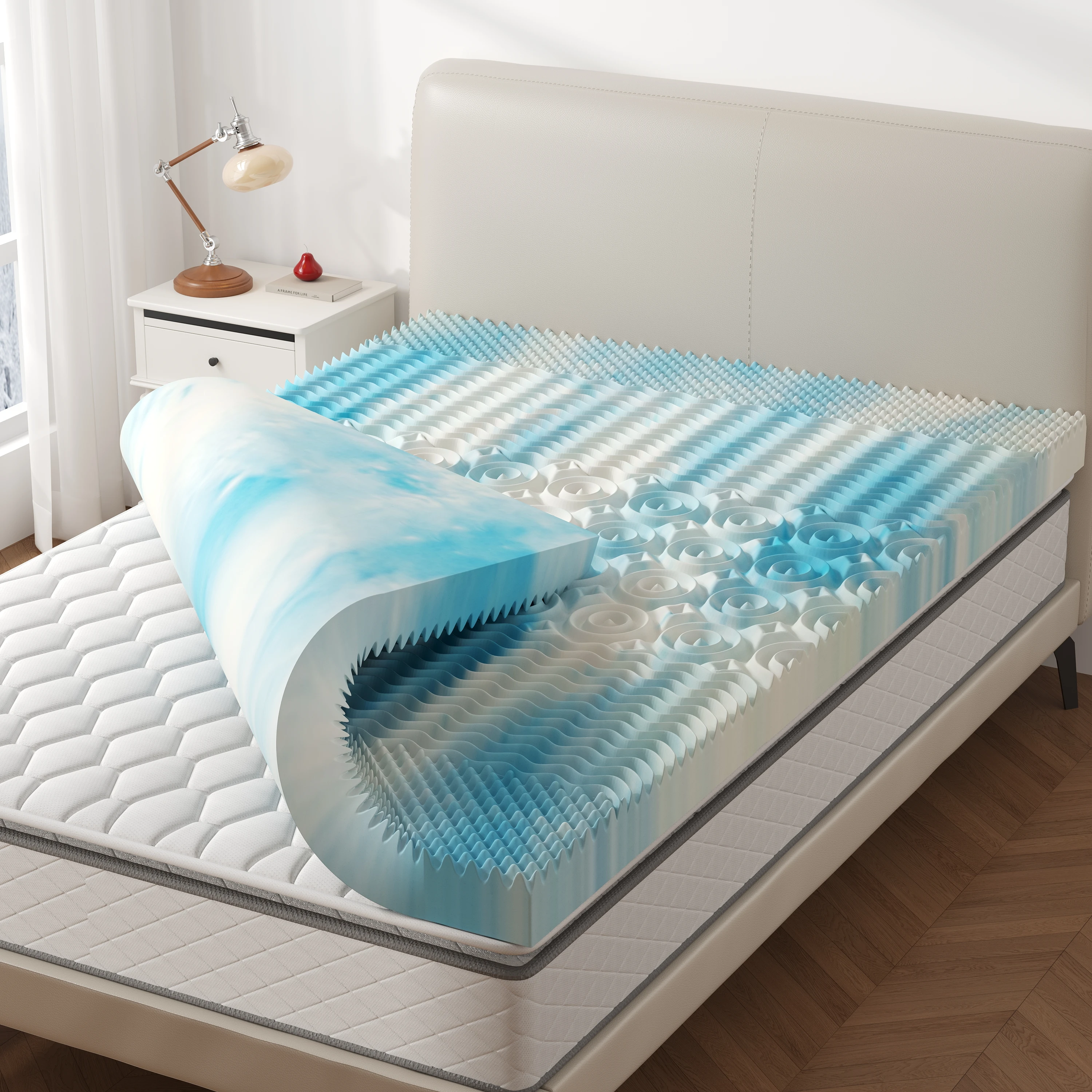 JHK 2-4 Inch Cooling Gel Memory Foam Mattress Topper Full Size 5-Zone Pressure Relief Mattress Soft and Breathable Bed Topper