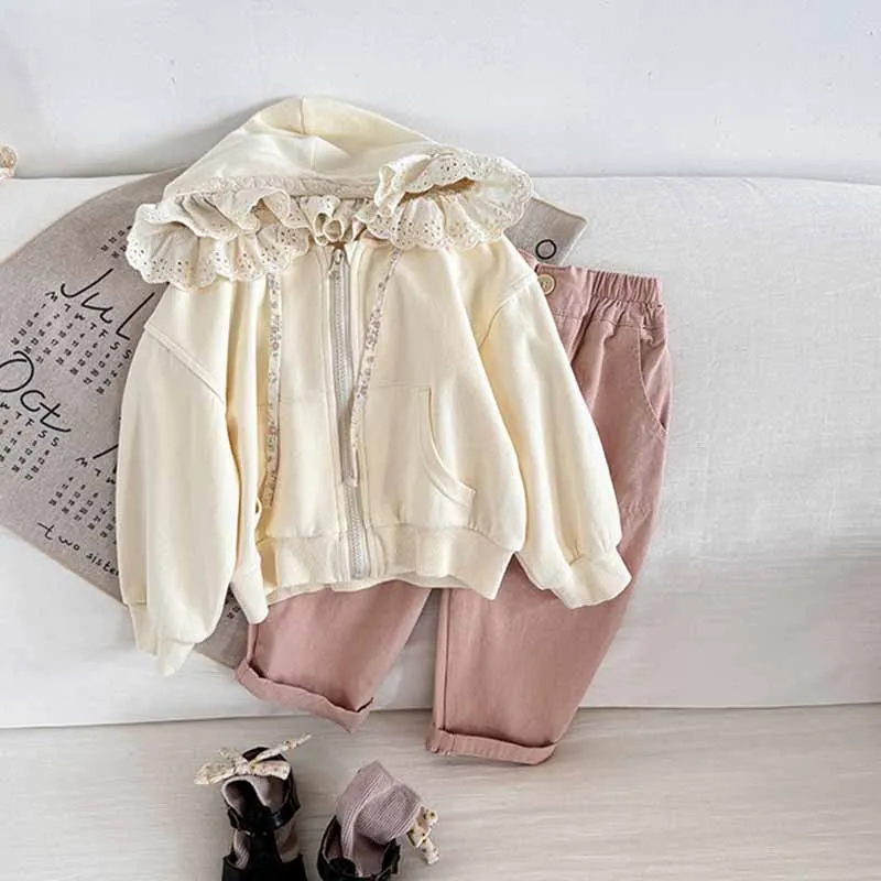 الربيع الدانتيل سترة الفتيات معطف مقنع جديد الأطفال لطيف الحلو ملابس خارجية طفل بأكمام طويلة سستة رداء علوي غير رسمي الخريف موضة الملابس