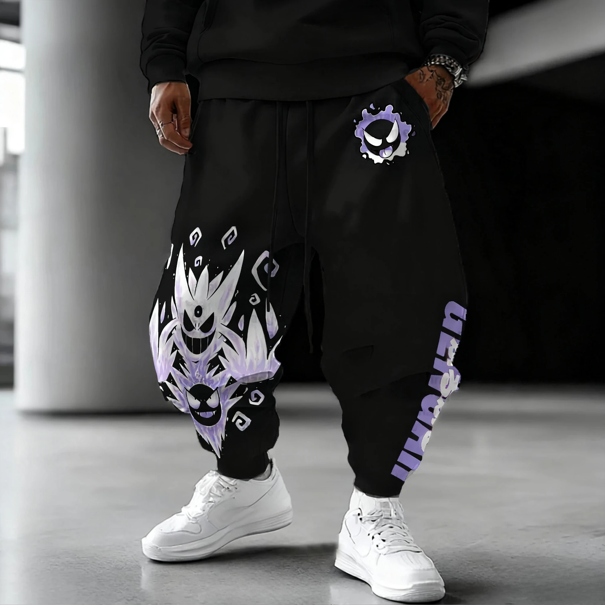 Pokémon jogo gastly anime impresso calças roscadas 2025 outono/inverno nova rua masculina hip hop y2k casual solto esportes moletom