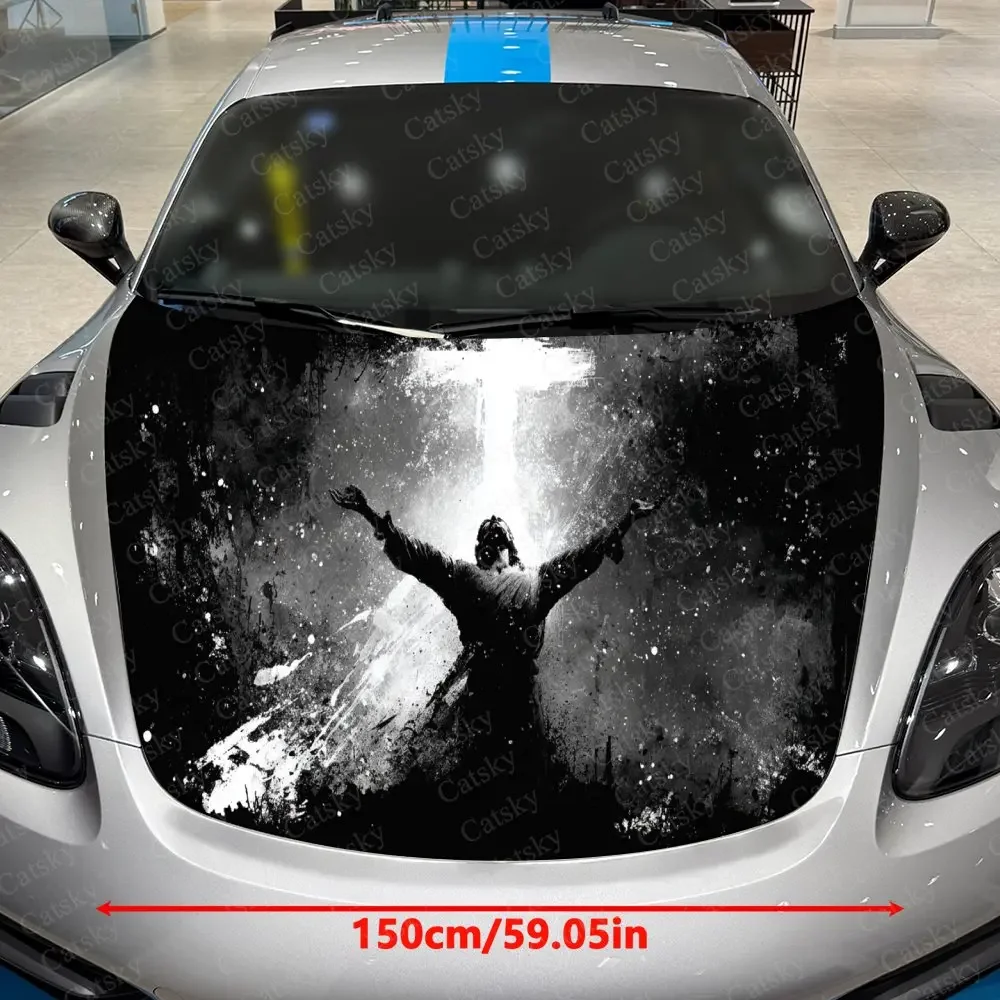 Galaxy Cross Prayer Figure Car Vinyl Wrap, PVC Waterproof Car Hood Sticker, Self-Adhesive Scratch-Resistant Stickers