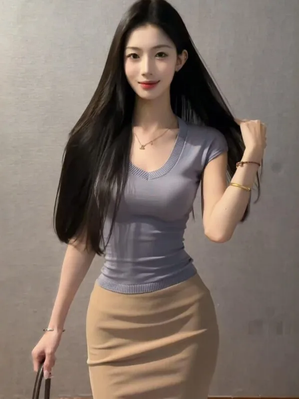 

Unique V-neck Top And Skirt Set Lightweight Maturity Style Comfortable Fashionable Two-piece Summer Outfit High Waist Long Skirt