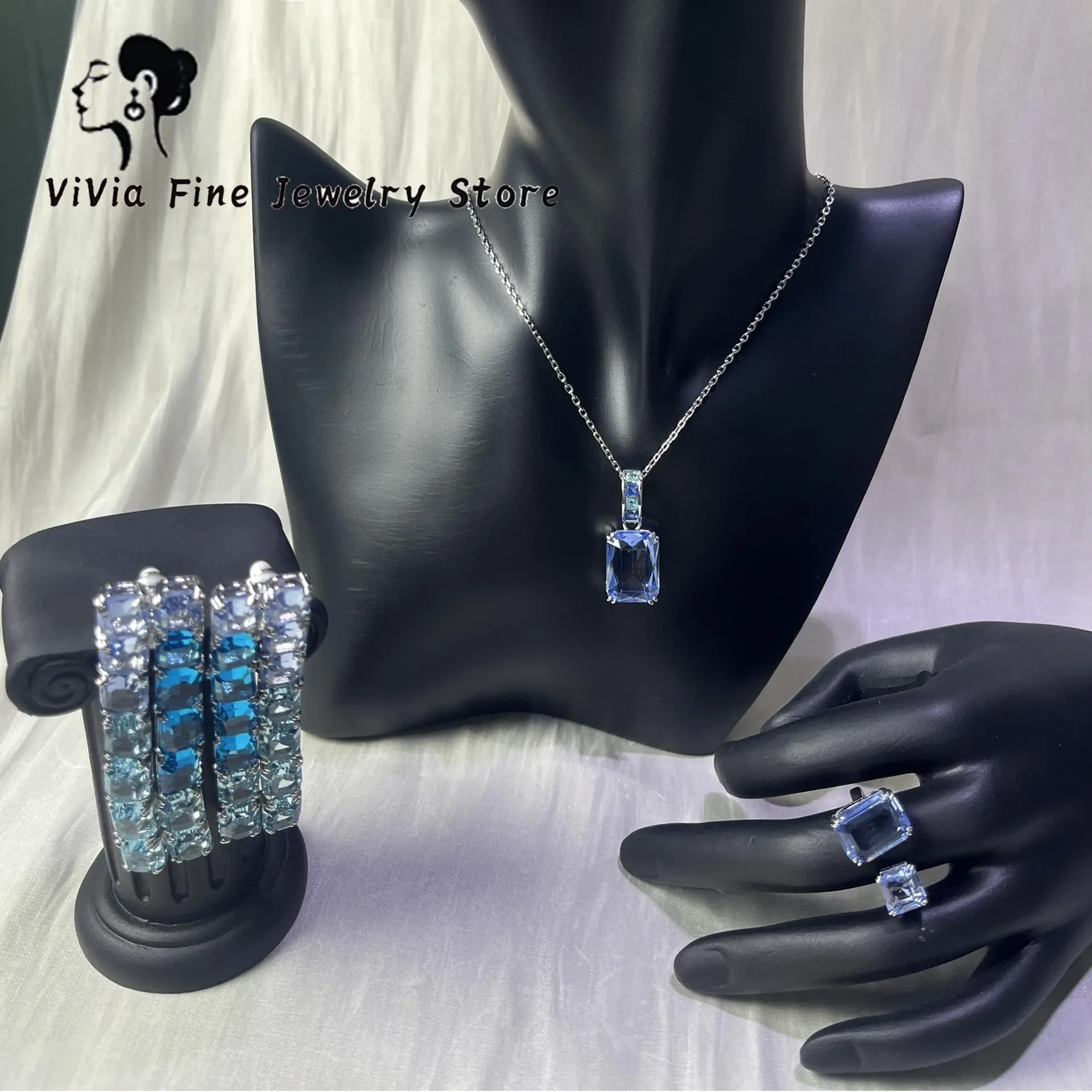2025 Luxury for Women Trendy Blue Gradient Colors Crystal Fine Jewelry Set Ncklace Earrings Bracelets Ring Party Accessories