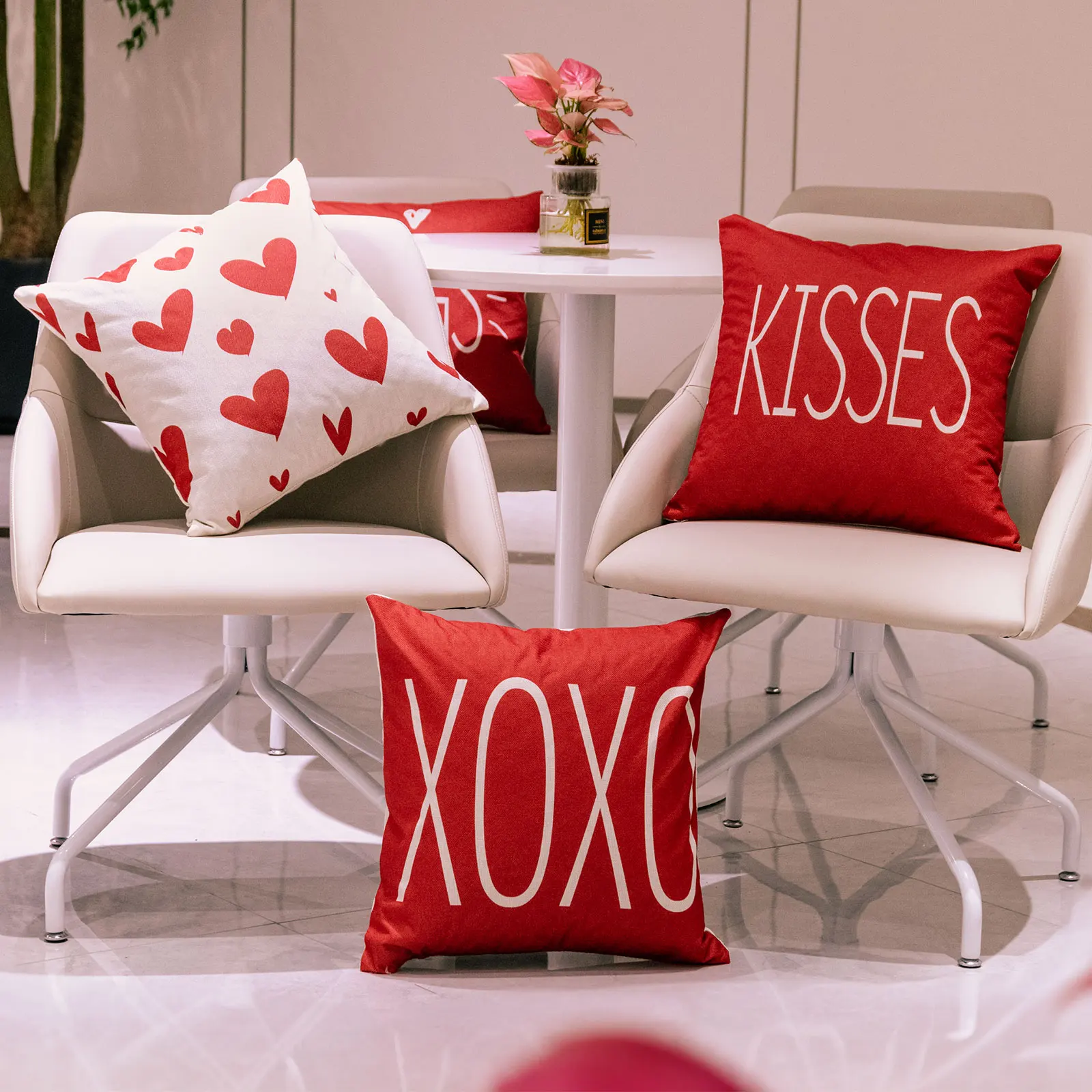 

Valentine's Day Decorative Pillow Covers 18x18 Inch, Linen Throw Pillowcases with Hugs Kisses Red Heart for Sofa Bed Room Decor