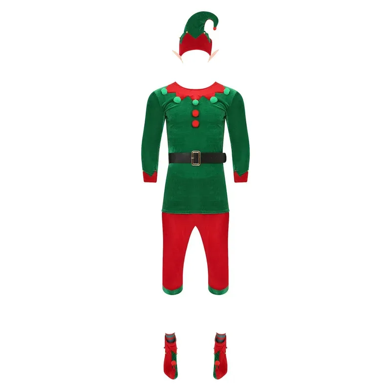 Sky01 Mannen Kerst Elf Kostuum Set Santas Helper Kostuum Lange Mouw Top met Broek Hoed Elf Oren Schoenen Riem En Kousen Sd01$
