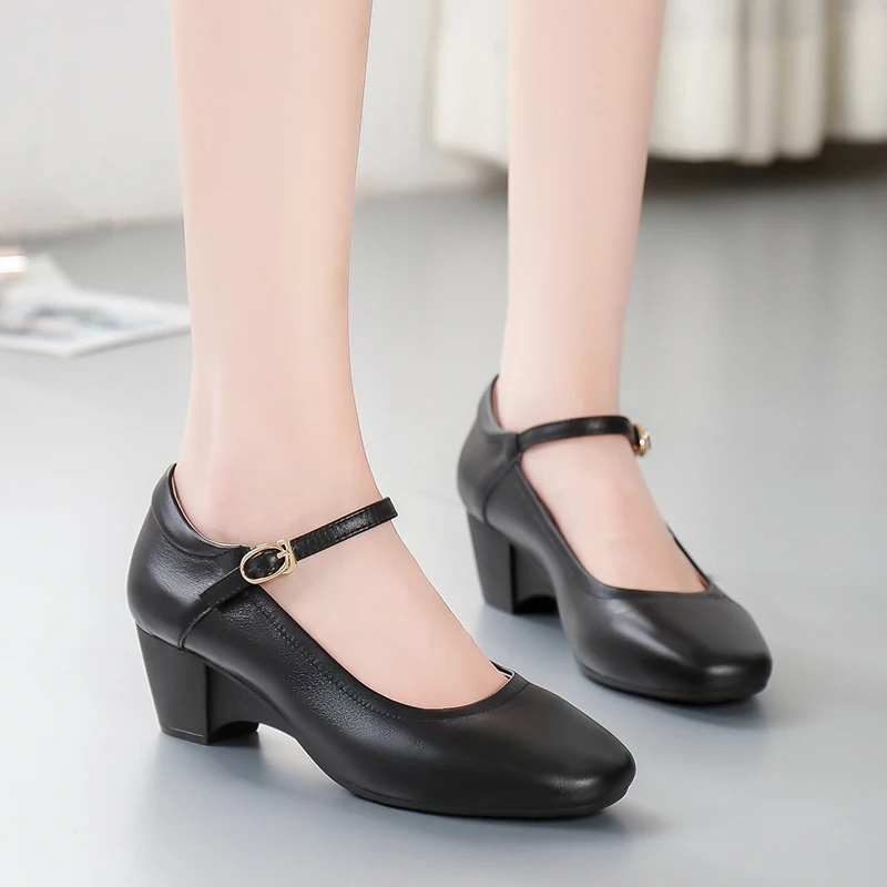 Lolita Mary Jane Shoes for Women Middle Heel Square Toe Elegant Woman Heeled Shoes Black Heels Ladies Offer Leather Shoe Women's