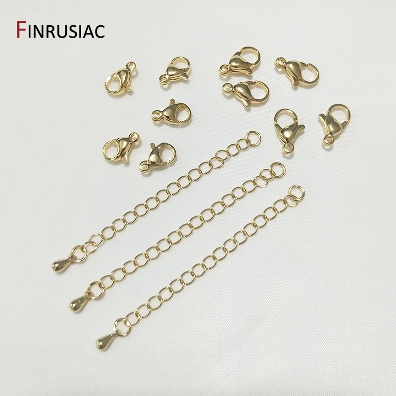 14k Real Gold Plated Stainless Steel 10mm 12mm Lobster Clasp 60mm Extension Chain DIY Bracelet Necklace Clasp Accessories