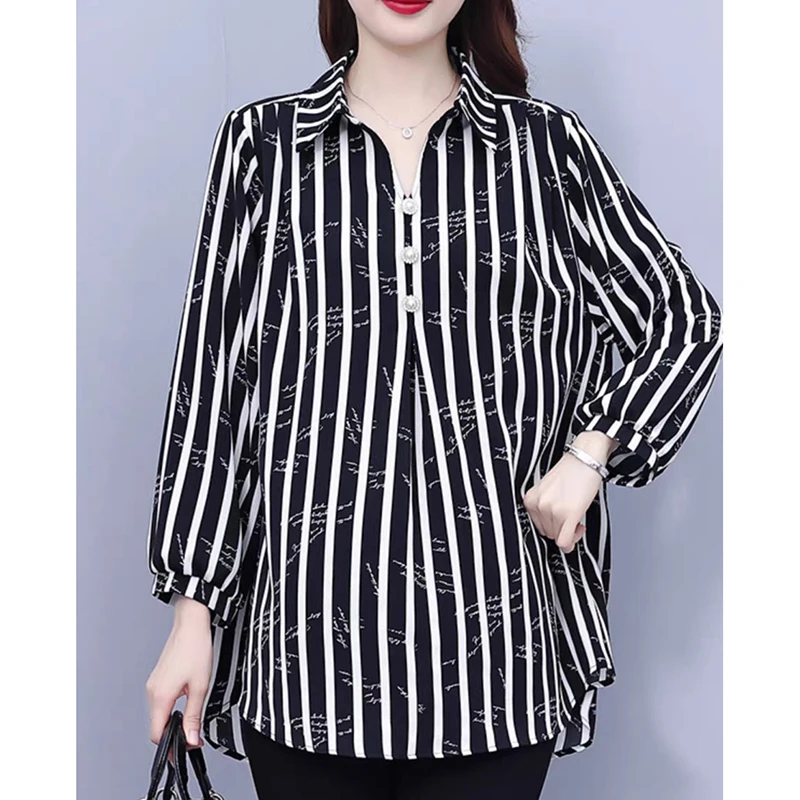 Fashion Lapel Button Spliced Printed Striped Blouses Women\'s Clothing 2024 Autumn New Loose Commuter Tops Casual Chiffon Shirts