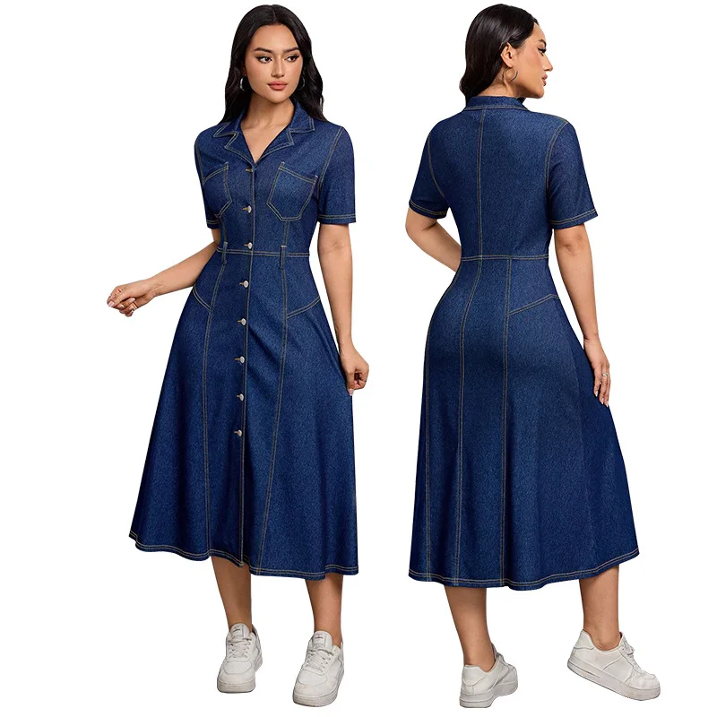 

Women Dresses Denim Dress Solid Pocket Turn Down Collar Short Sleeves Cinched Waist Single Breasted Casual 2026 Spring Summer
