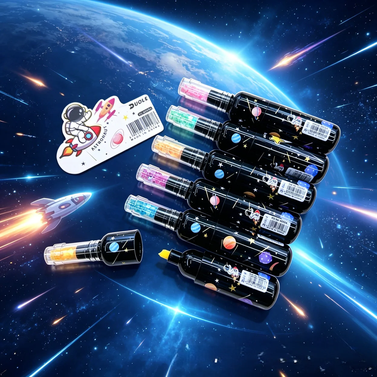 6pcs Astronaut Space Themed Highlighter Pens, Bottle Shaped Chisel Tip Fluorescent Markers for Journal Notes