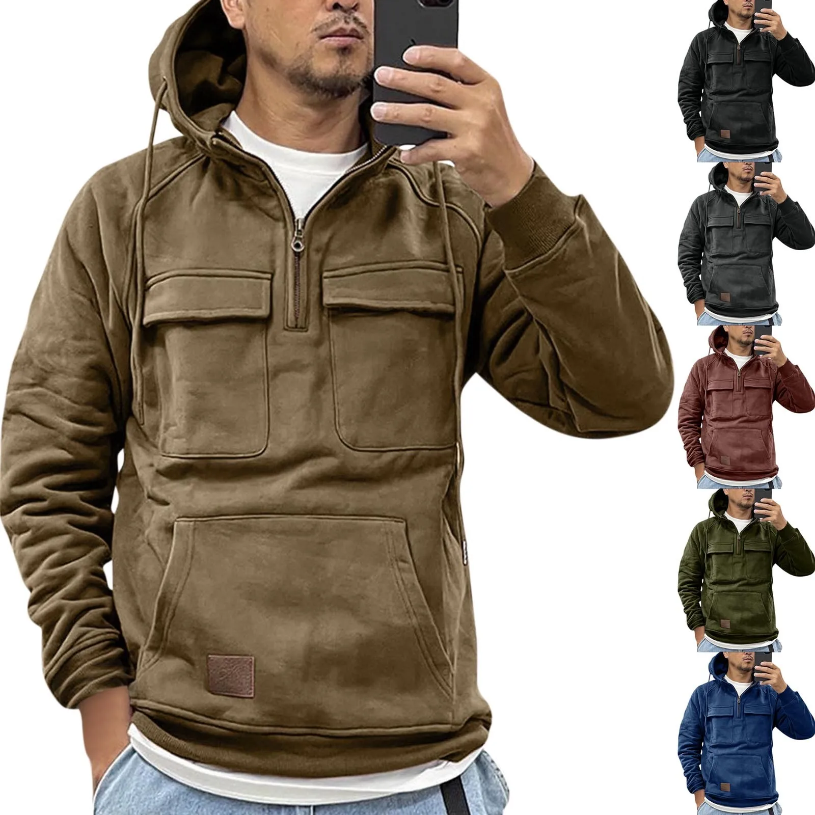 Men\'S Hooded Solid Color Hoodie, Fashionable Youth Sports Multi Pocket Patch Leather Sweater Jacket Sweatshirts For Men Hoodies