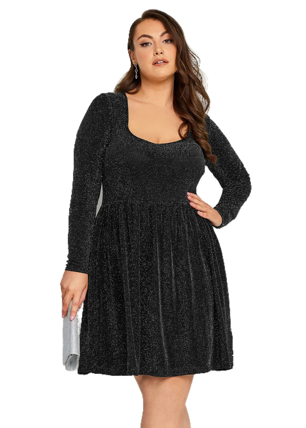 Plus Size Long Sleeve Elegant Spring Autumn Party Dress Women Black Sliver Glitter Evening Dress Large Size Midi Dress 7XL 8XL