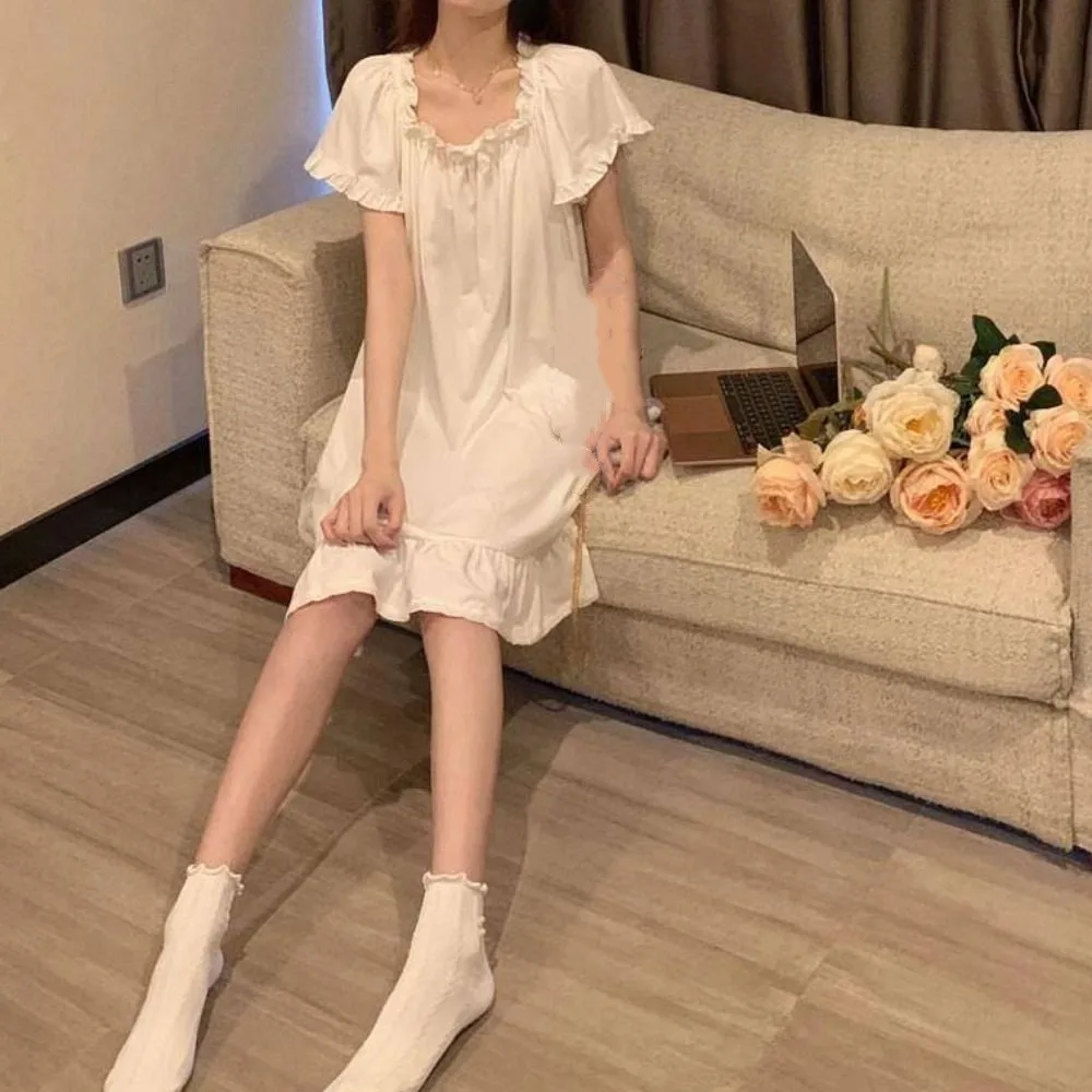 

Элегантное женское пижамное платье с бантом, свободная ночная рубашка с короткими рукавами и рюшами, одежда для сна, домашняя одежда, женская ночная рубашка принцессы