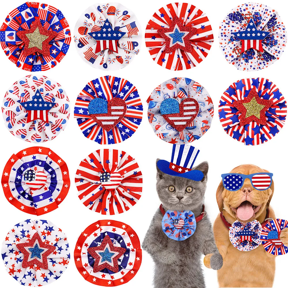 50PS 4th July Dog Bows Removable Dog Bowtie For Dogs Pets Collar Accessories Small Dog Cat Bow Tie For American Independence Day