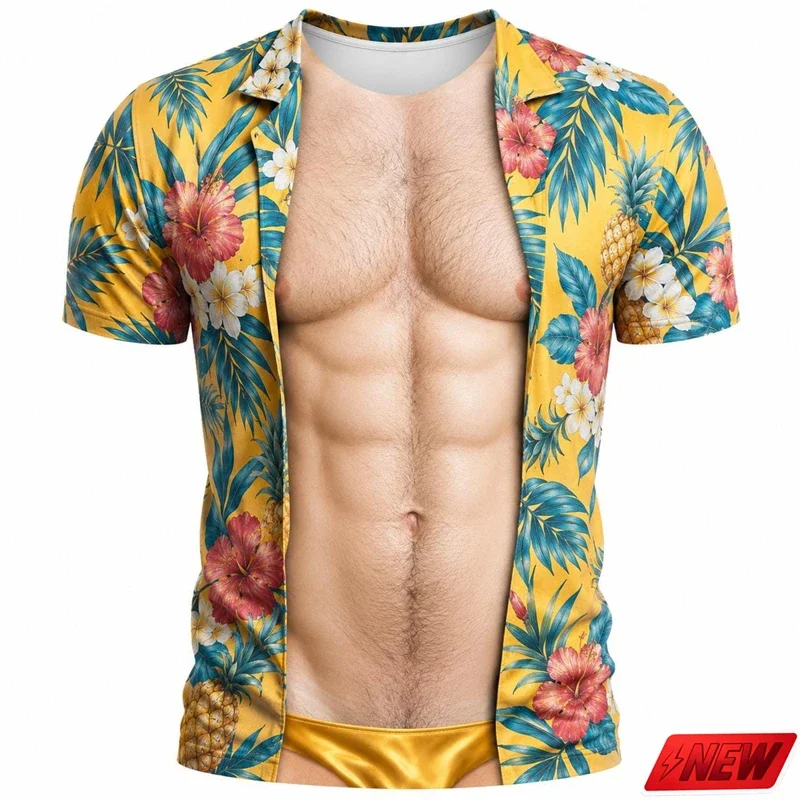 Summer Men's Tropical Fruit Fake Muscle Optical Illusion T-Shirt Banana Watermelon Leaf Print Short Sleeve Funny Beach Party Tee