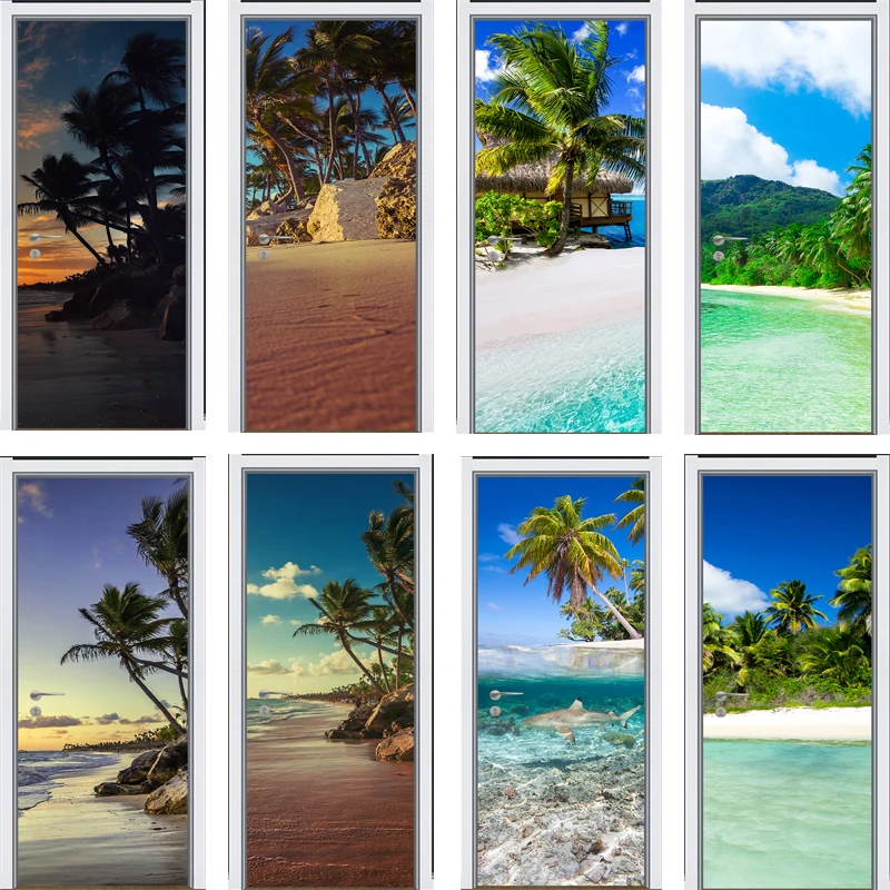 

INS Style Beach Scenery Self Adhesive PVC Door Sticker Marine Animals/coconut Trees Removable Bathroom Mural Wallpaper Sticker