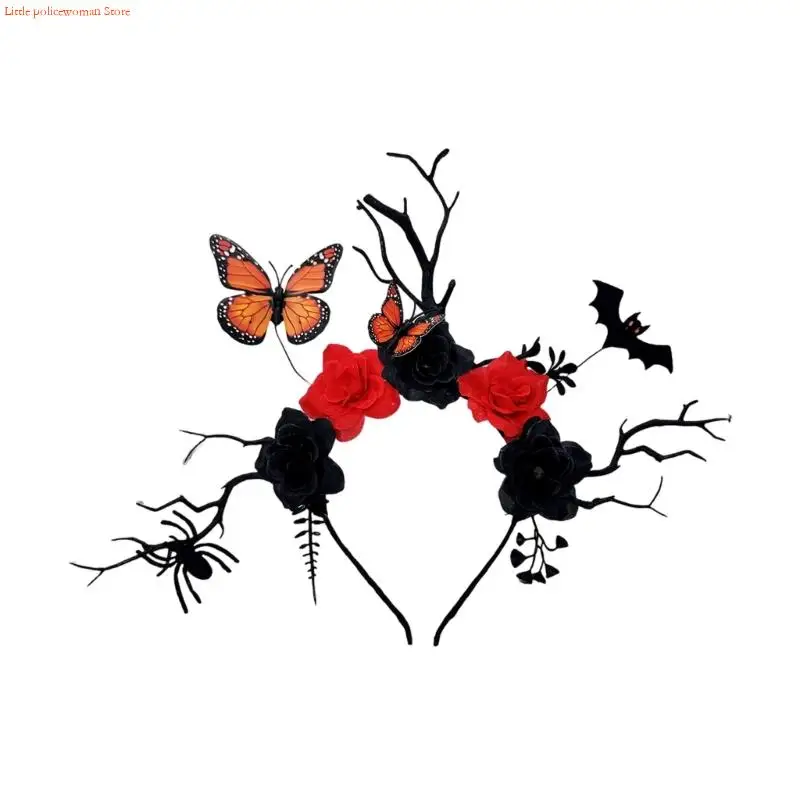 F92D Halloween Deer Antlers adtlers ที่มีรายละเอียดผีเสื้อค้างคาวและเครื่องประดับผมสาขาดอกไม้สีดำสำหรับงานปาร์ตี้เครื่องแต่งกาย