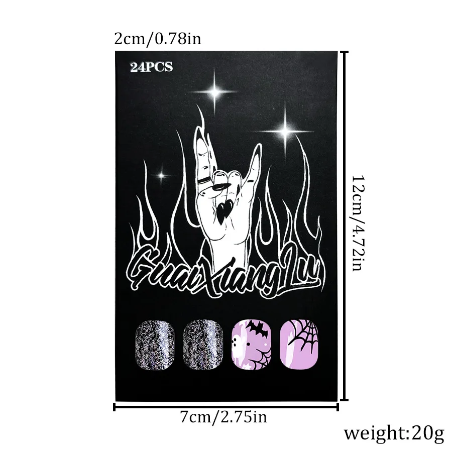 24Pcs Short Oval Halloween Press on Nails Black Spider Web Bat Fake Nail Cute White Ghost Wearing Nail Art for Women and Girl