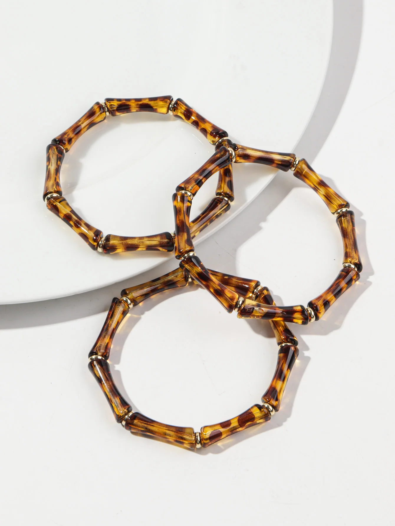 3pcs Leopard Acrylic Bamboo Women\'s Hand Bracelets Retro Stack Thin Tube Beaded Elastic Bracelet Bangle Couple Jewelry Gift