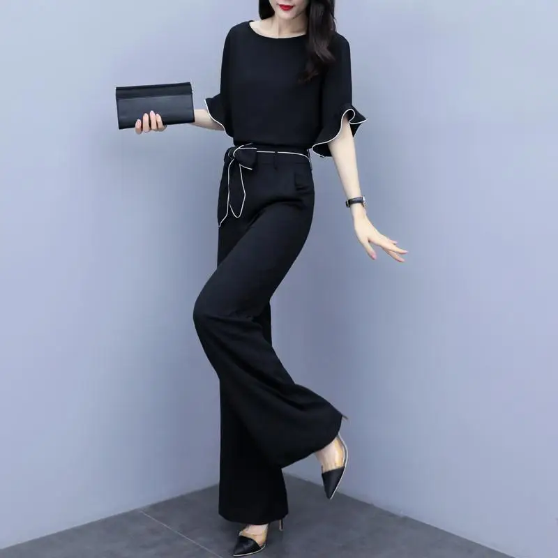 

2026 New Women’s Chiffon Wide Leg Pants Suit Summer High Waist Slim Fit 2 Piece Set Elegant Casual Fashion Outfit
