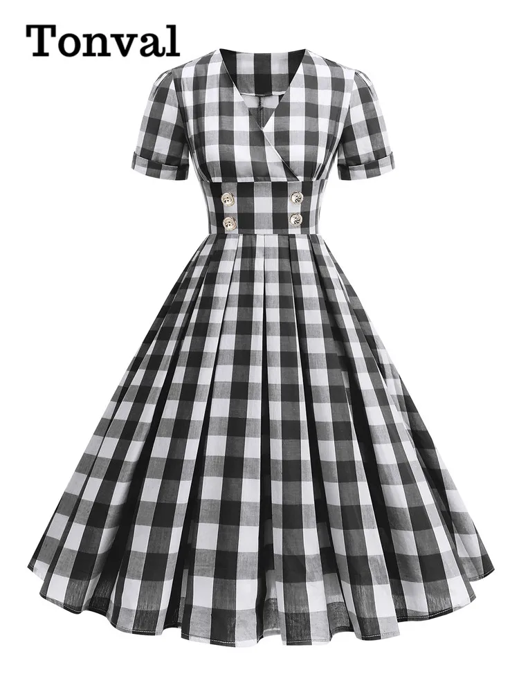 Tonval White and Black Plaid V-Neck Buttons High Waist Rockabilly Dresses for Women Elegant Gingham Pleated Vintage Dress