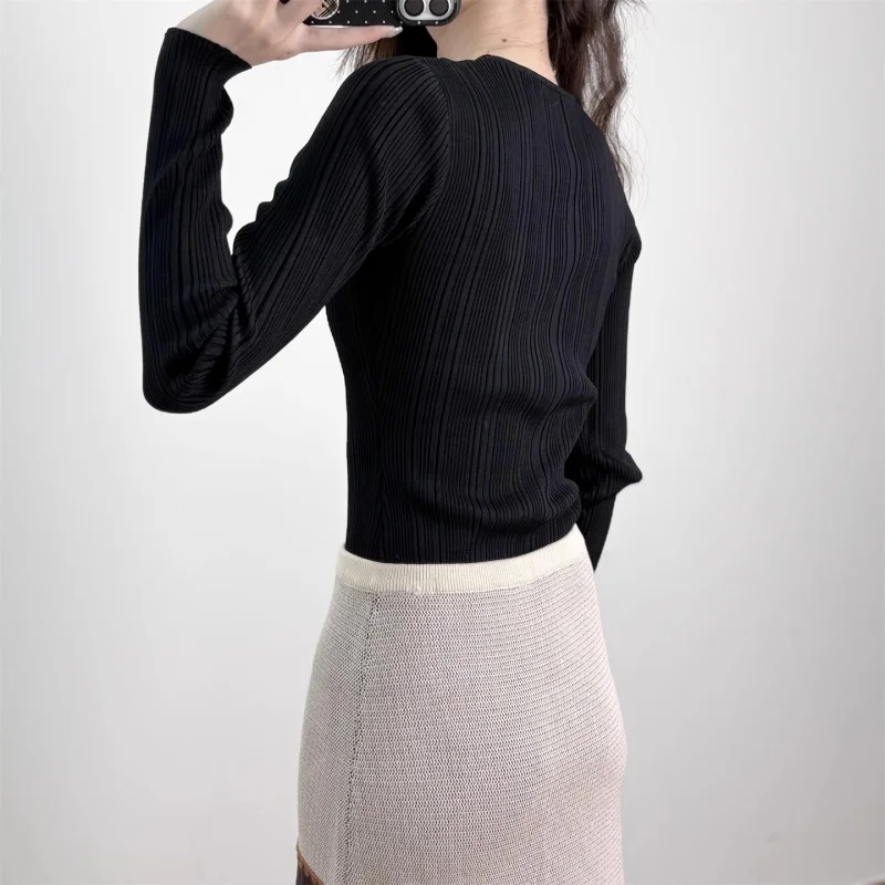 秋の新作レディースVネックレースフリンジ付き長袖ウールニットセーターy2k高品質でファッショナブルなシングルブレストプルオーバー