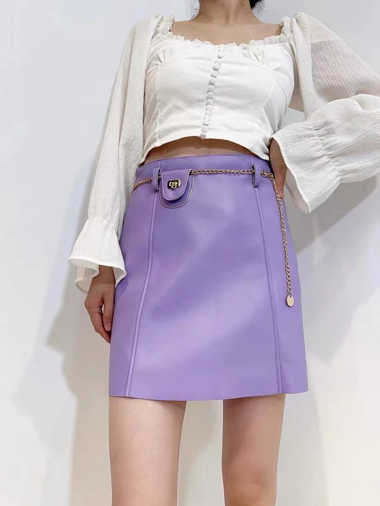 Leather Skirts for Women 2023 Autumn Simple Turkey Sheepskin High Waist A-Line Slim Metal Chain Dopamine Purple/White Short Jupe