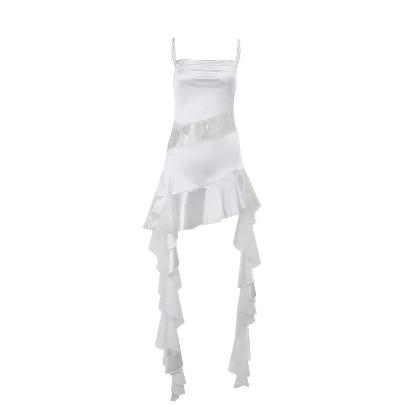 فستان الحفلات النسائية الدانتيل الساتان الكورية موضة المرقعة الكشكشة غير النظامية شرابة طويلة ألف خط الصيف الربيع الإناث نادي Vestidos #4