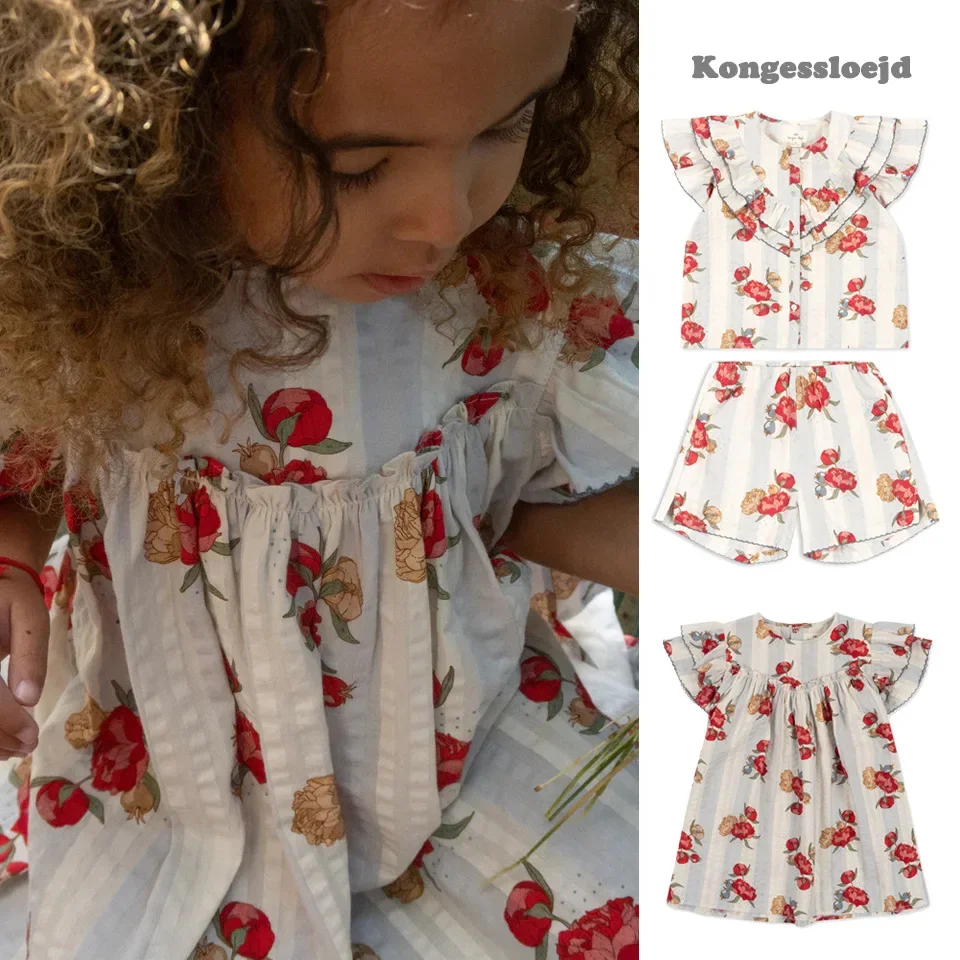 

2024 KS Baby Girls Flower Print Dresses Kids Cotton Clothes Toddler Girl Petal Sleeve T Shirt Shorts 2 Pcs Suits Children's Tops