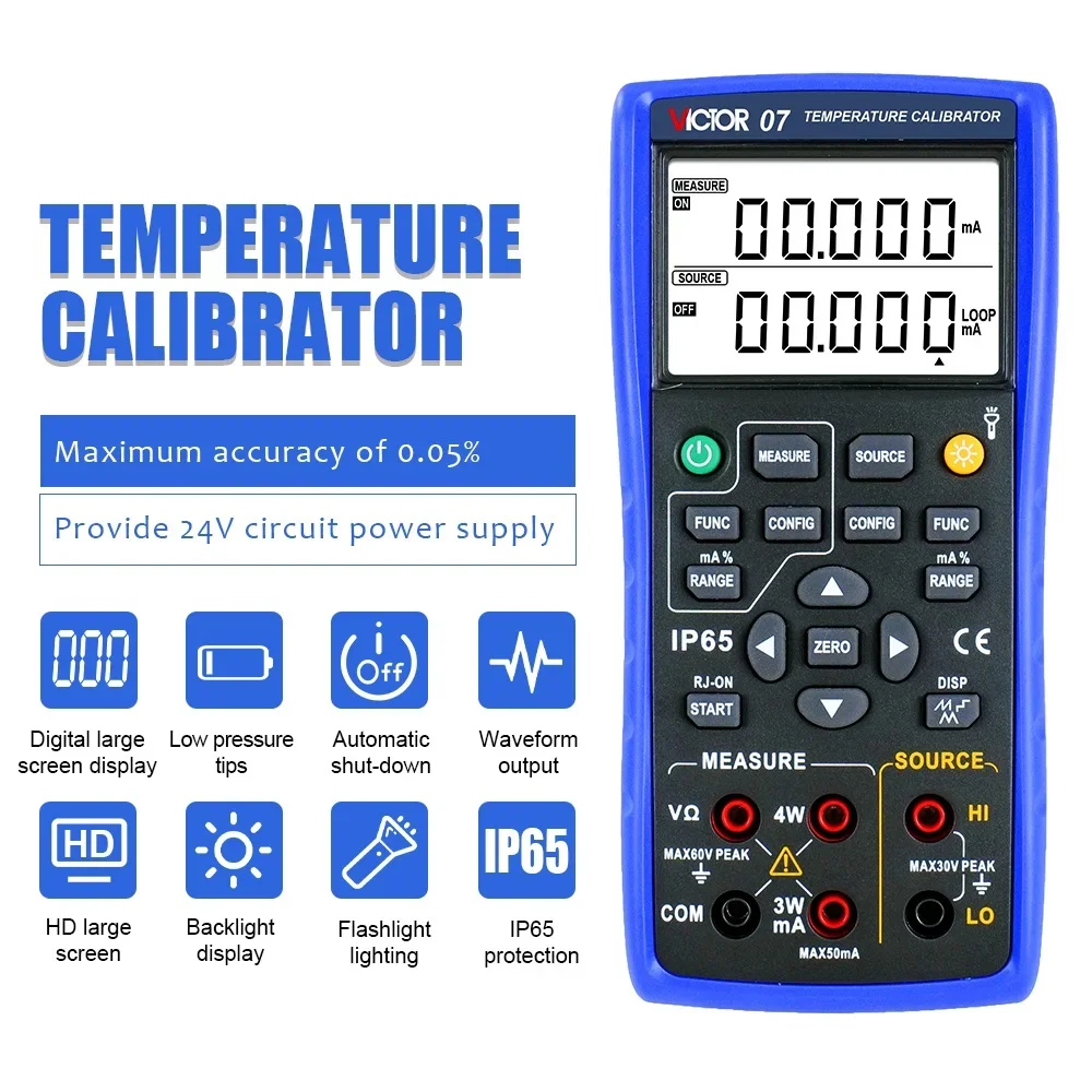 VICTOR 07 Temperature Calibrator with highest accuracy is 0.05% displayed as 5 digits