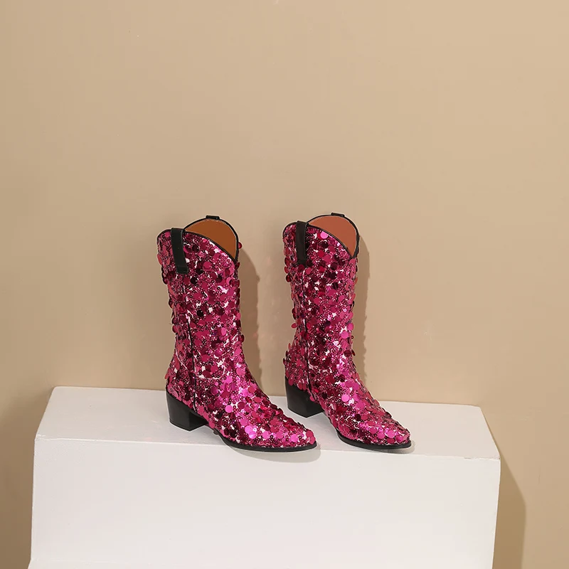 

Новинка 2025 года, блестящие ботильоны среднего размера с большими блестками, женские удобные ботинки с квадратной головкой на толстом каблуке 5 см