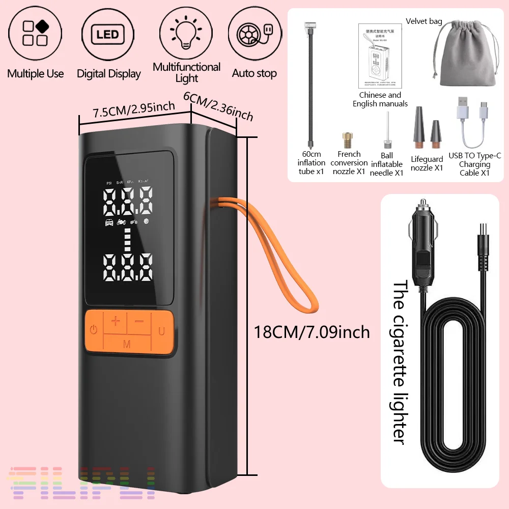 150PSI шинный воздушный насос для электромобиля для наружного портативного освещения с быстрым накачкой, 6000 мАч для автомобилей/мотоциклов/велосипедов