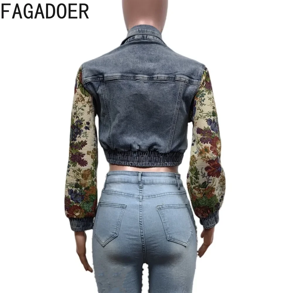 FAGADOER Printed Patchwork Denim Jacket Women Fashion Lapel Buttons Pocket Ruched Stretchy Coats Female Streetwear Clothing