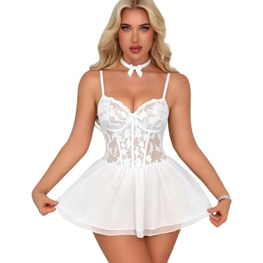 

Sexy Lingerie for Women Lace Babydoll Dress Push Up Underwire Lingerie Chemise Sheer Nightgown with Thong and Choker