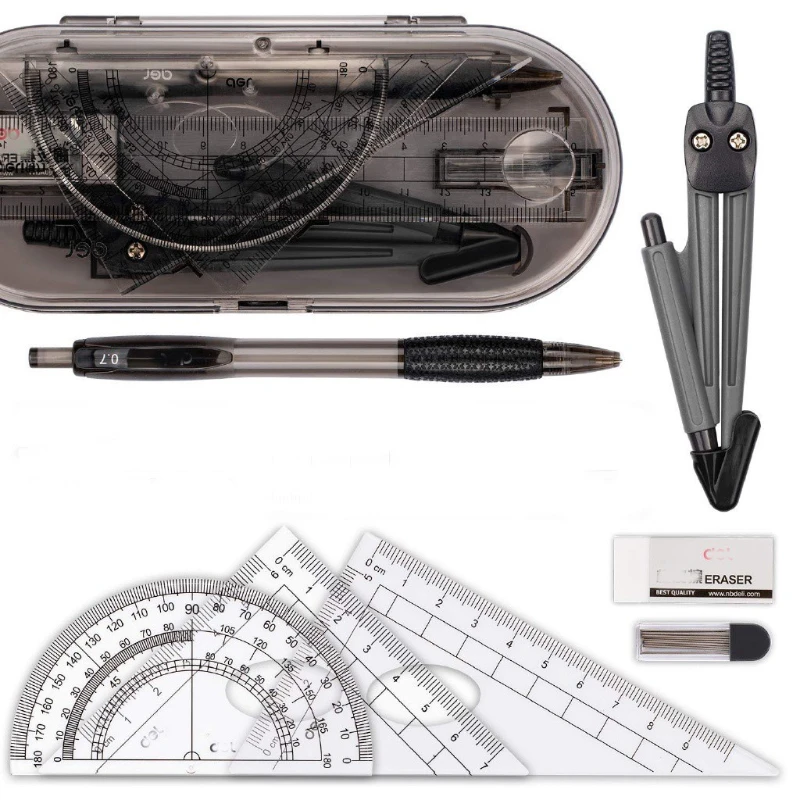 Mathematical Geometry Kit Set 8 Pieces Student Supplies with Shatterproof Box for Drawing Engineering Compass Protractor Ruler