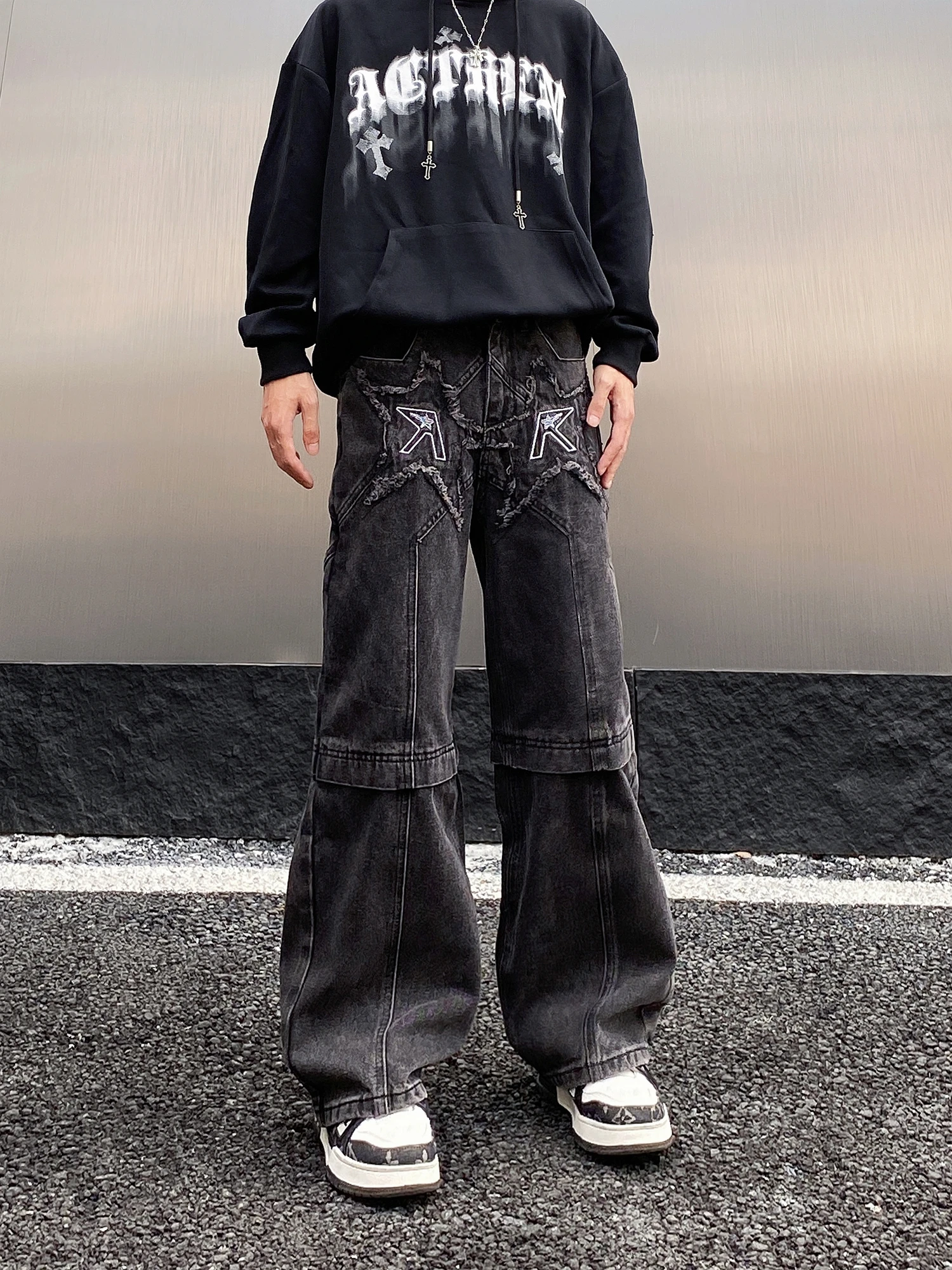 الرجعية الأمريكية Waed ممزق المطرزة الجينز الرجال فضفاض مستقيم واسعة الساق الثقيلة الهيب هوب شارع العليا السراويل جينز غير رسمي #1