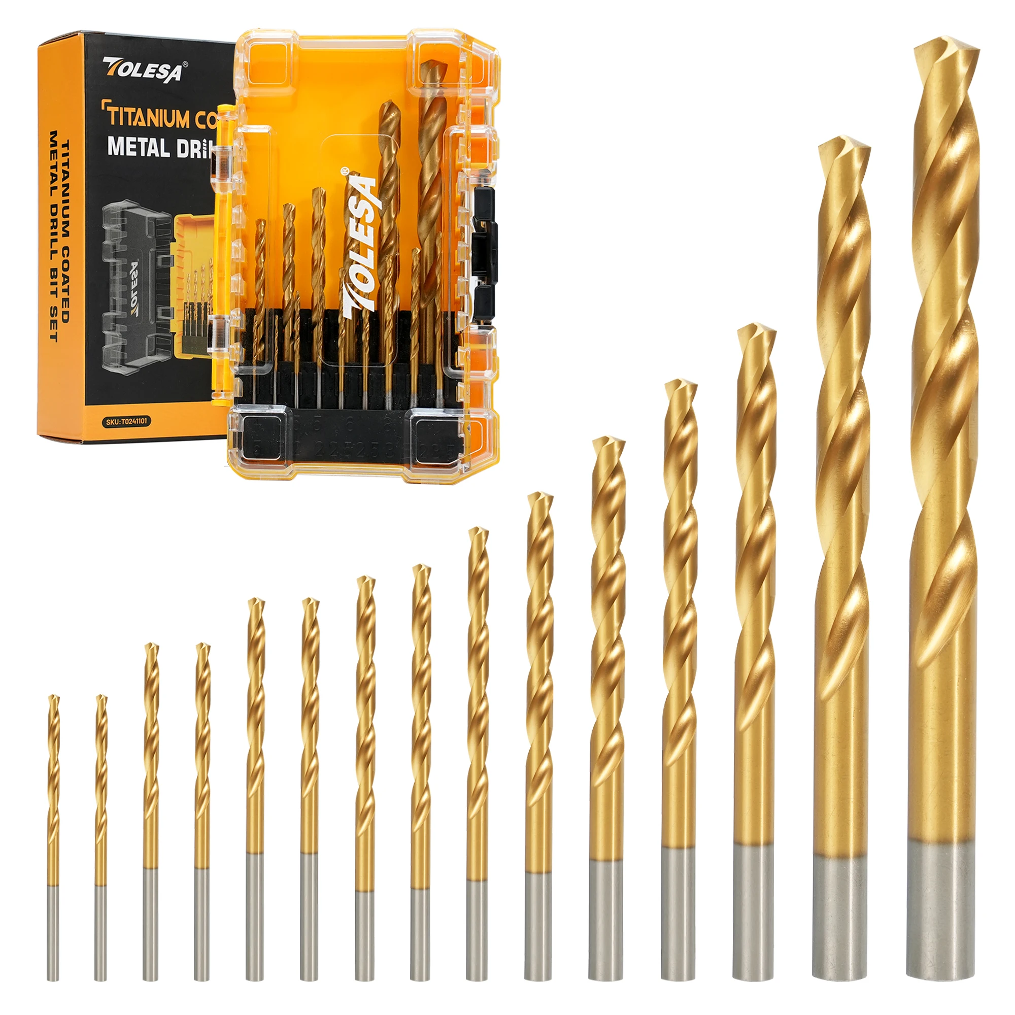 

TOLESA 15-Piece Drill Bit Set 135 Degree Split Point Titanium Coated Twist Drill Bits for Mild Steel Aluminum Alloy Metal Wood