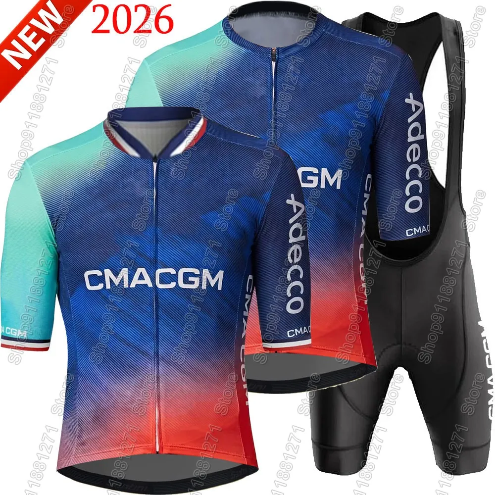 Conjunto de Jersey de Ciclismo Francia CMA-CGM Team 2026 para Hombre, Ropa de Ciclismo de Verano, Camiseta de Ciclismo de Carretera, Pantalones Cortos con Tirantes, Maillot MTB