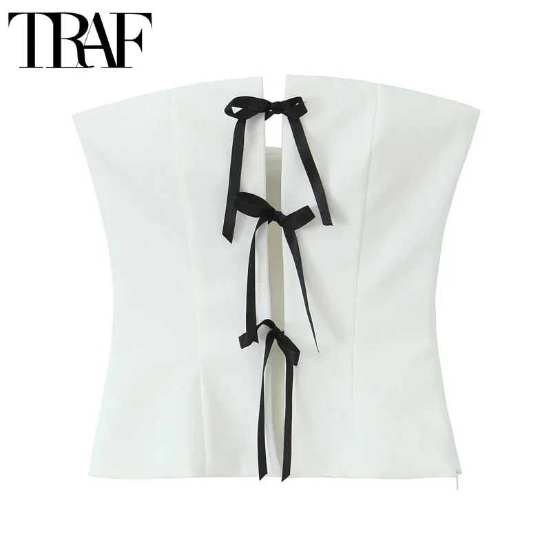 TRAF Bow Cut Out Crop Top Women Off Shoulder Tube Top Female Summer Strapless Backless Sexy Tops Woman Party Corset Tank Top