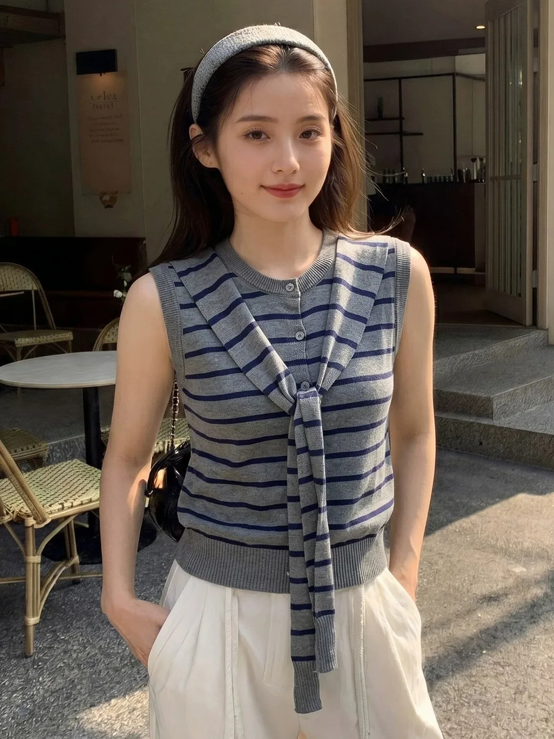 

Fashionable Striped Thin Sleeveless Knitted Sweater Women's Summer 2026 New Style Korean Style round Neck Breathable Top