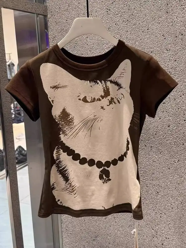 

Women's 2026 Summer Coffee Brown Cat Graphic T Shirt Fitted Shoulder Slim Waist Unique Short Sleeve Crop Top