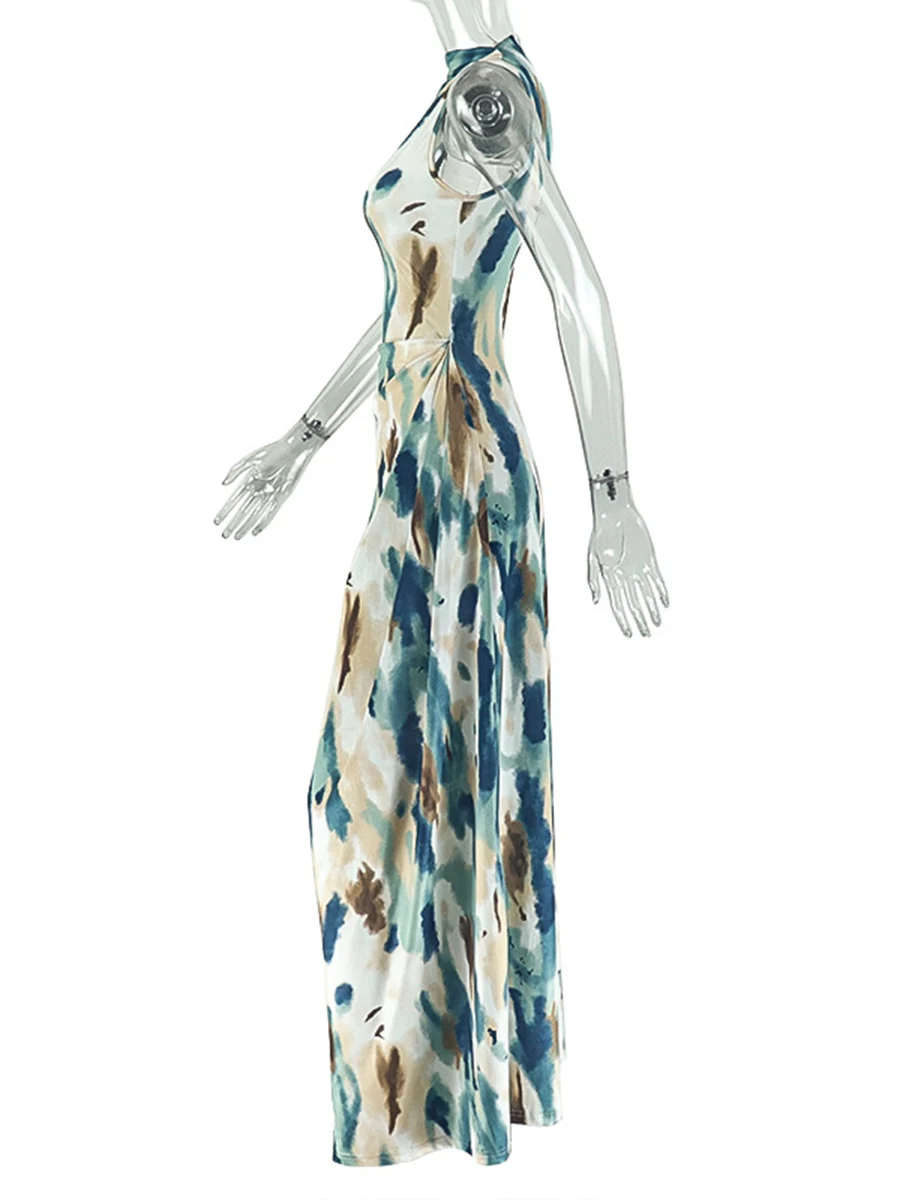 Ziml casual estilo praia impressão vestidos longos para mulheres em torno do pescoço sem mangas cintura alta emagrecimento dobras chique vestido feminino novo