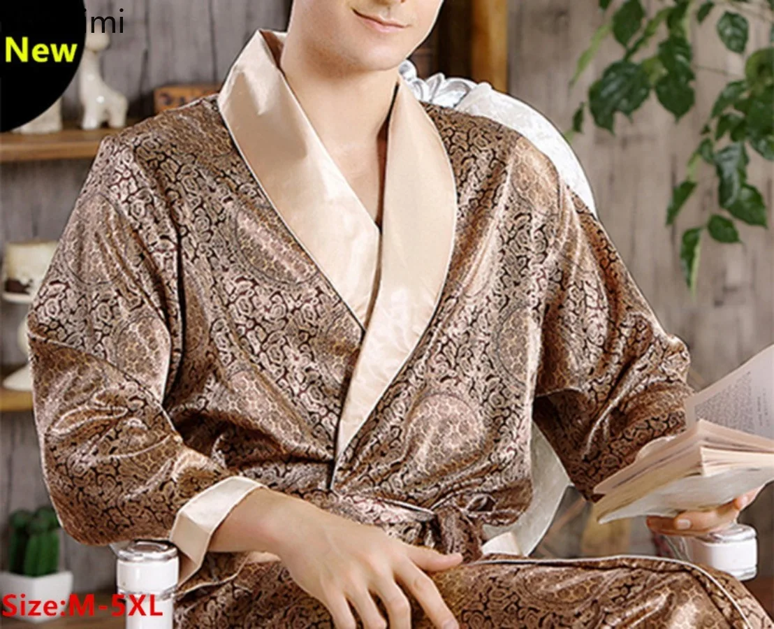 New 2024 Men\'s Luxury Pajamas Robes Silk Kimono Robe Long Sleeve Bathrobe Satin Nightgown Male Summer Home Clothing Oversize 5XL